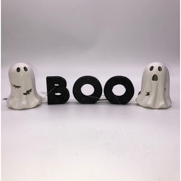 Set Ceramic LED Halloween Ghosts Bats & Stars Light Up & BOO Glitter Letters New - Picture 1 of 7